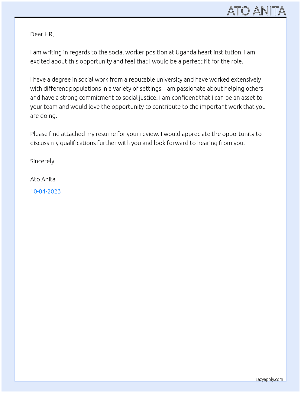social worker At Uganda heart institution  Cover Letter