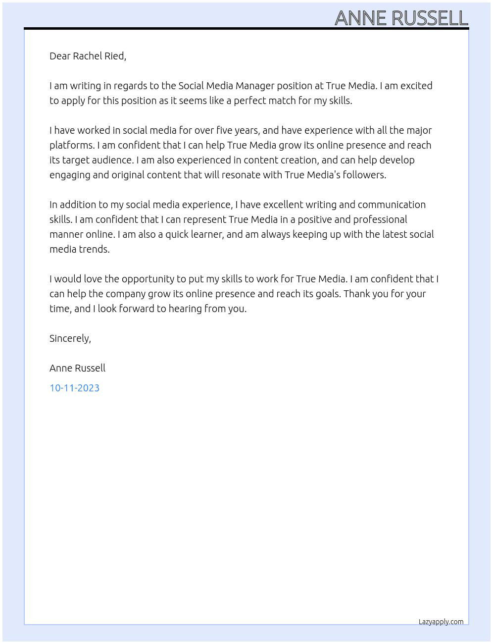 Social Media Manager At True Media Cover Letter