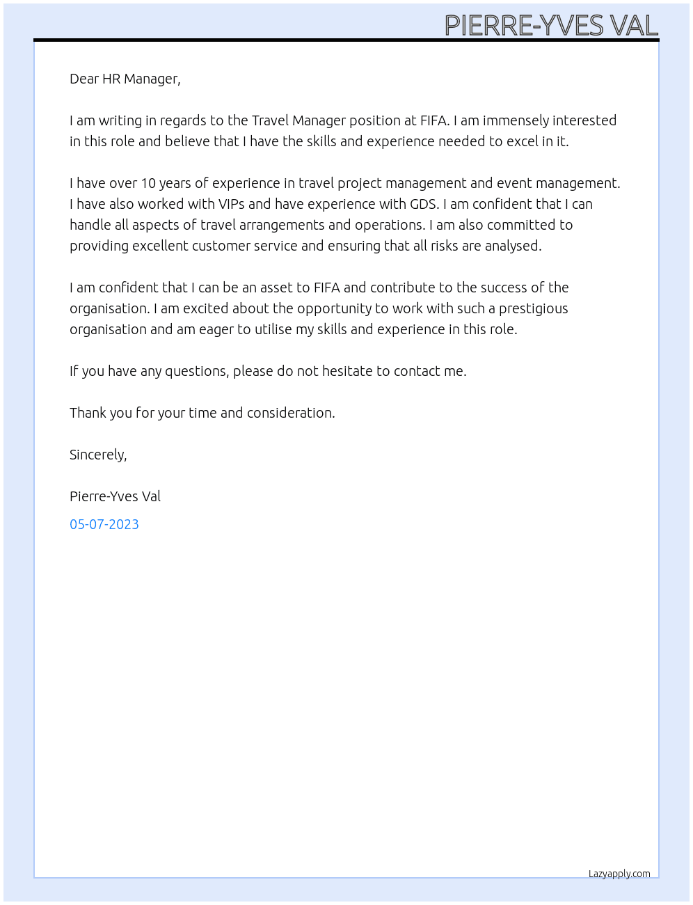 Travel Manager At FIFA Cover Letter