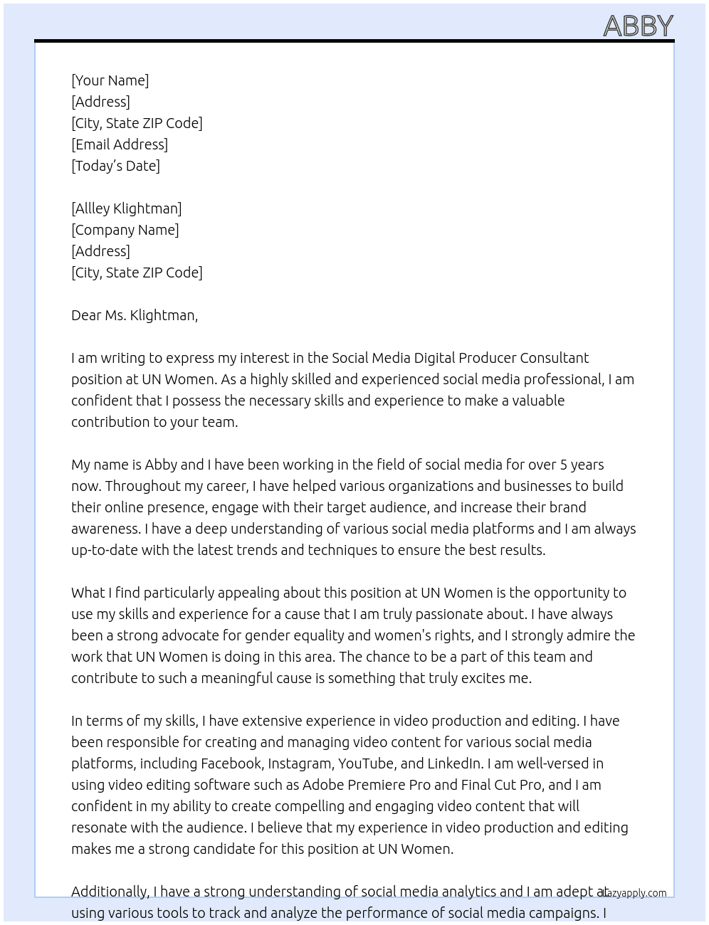 Social media digital producer consultant  At UN Women  Cover Letter