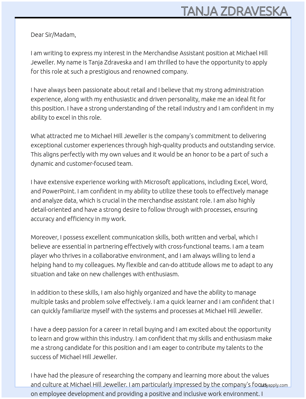 Merchandise Assistant At Michael Hill Jeweller Cover Letter