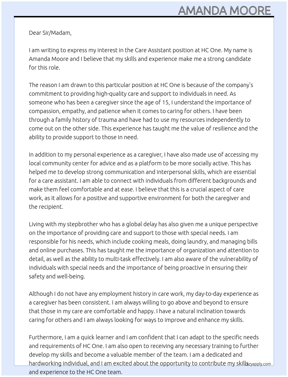 Care assistant  At HC One  Cover Letter