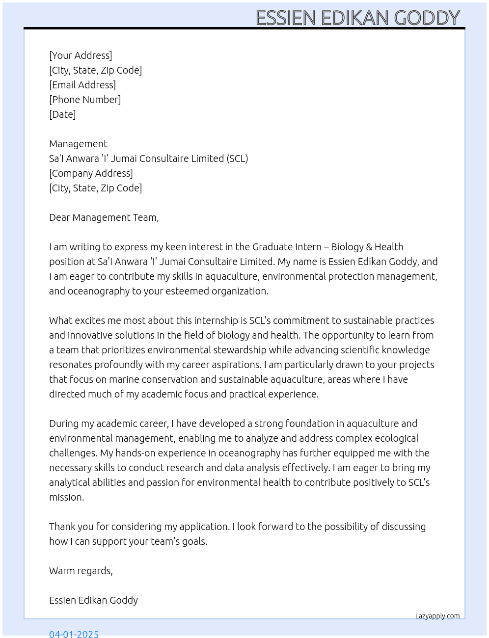 Cover letter for graduate intern – biology & health - LazyApply