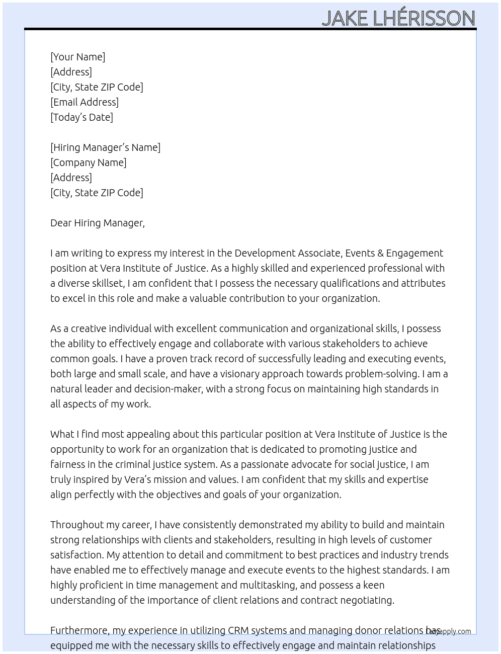 Development Associate, Events & Engagement At Vera Institute of Justice Cover Letter