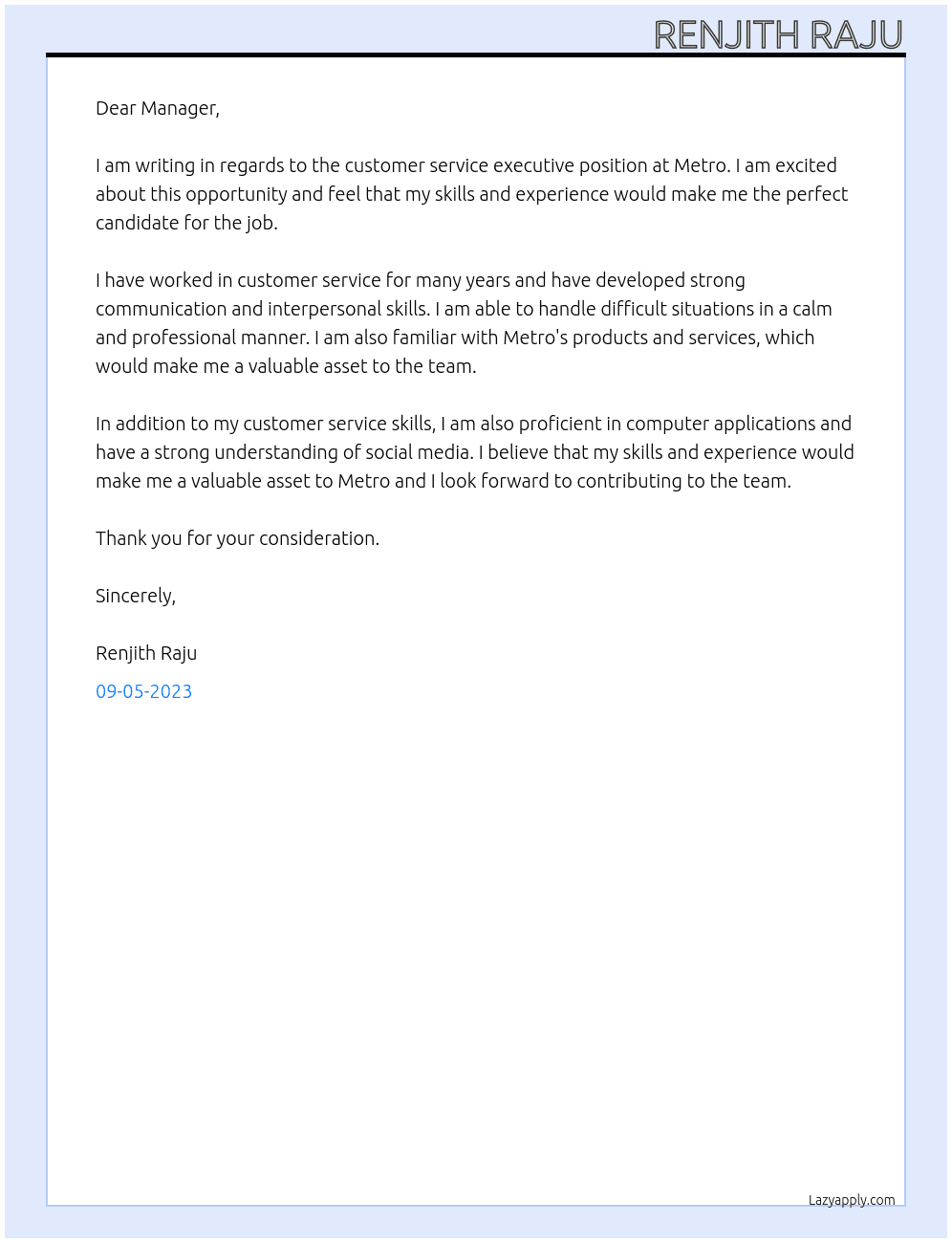 Customer service executive At Metro Cover Letter