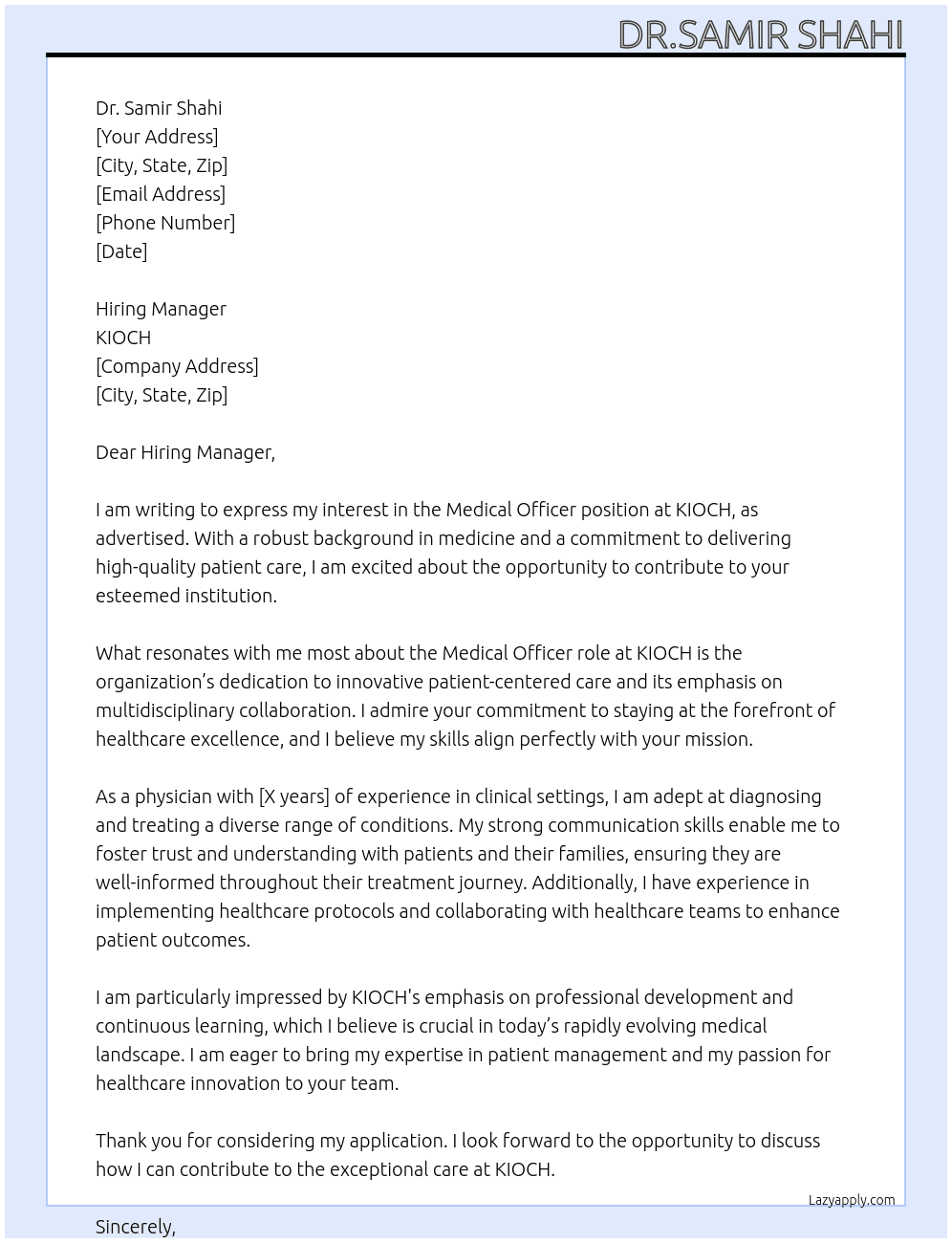 Medical officer  At KIOCH Cover Letter