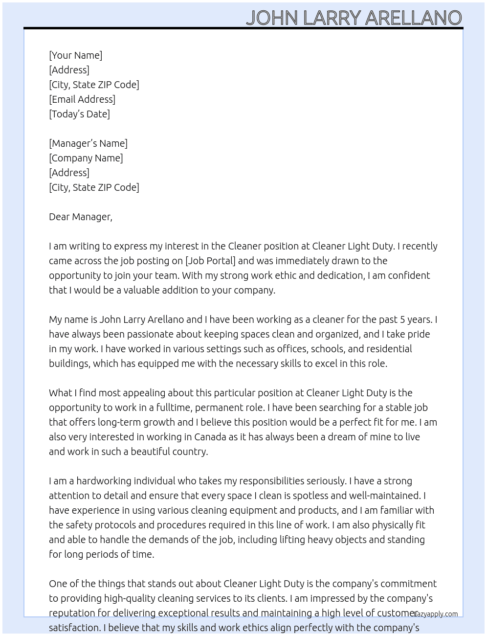 Cleaner At Cleaner light duty Cover Letter