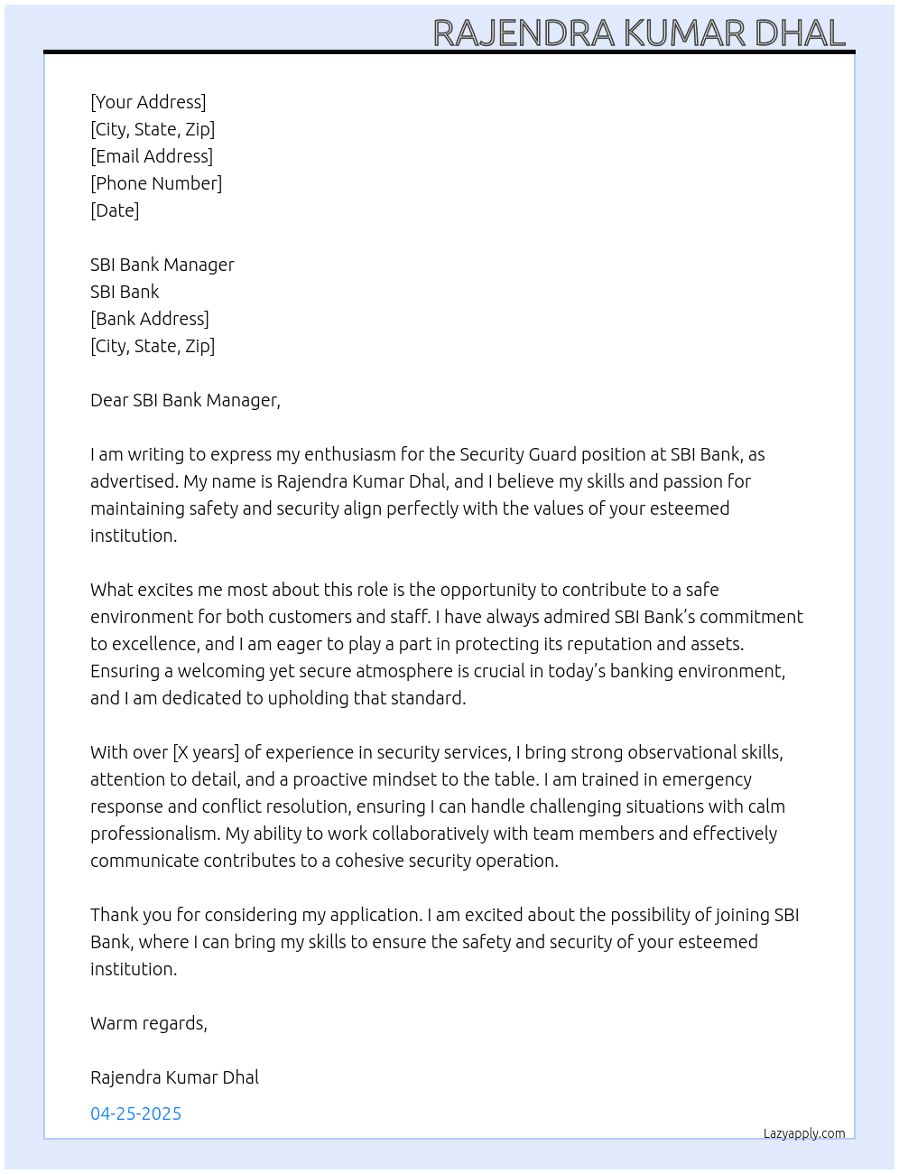 Security guard  At SBI Bank  Cover Letter