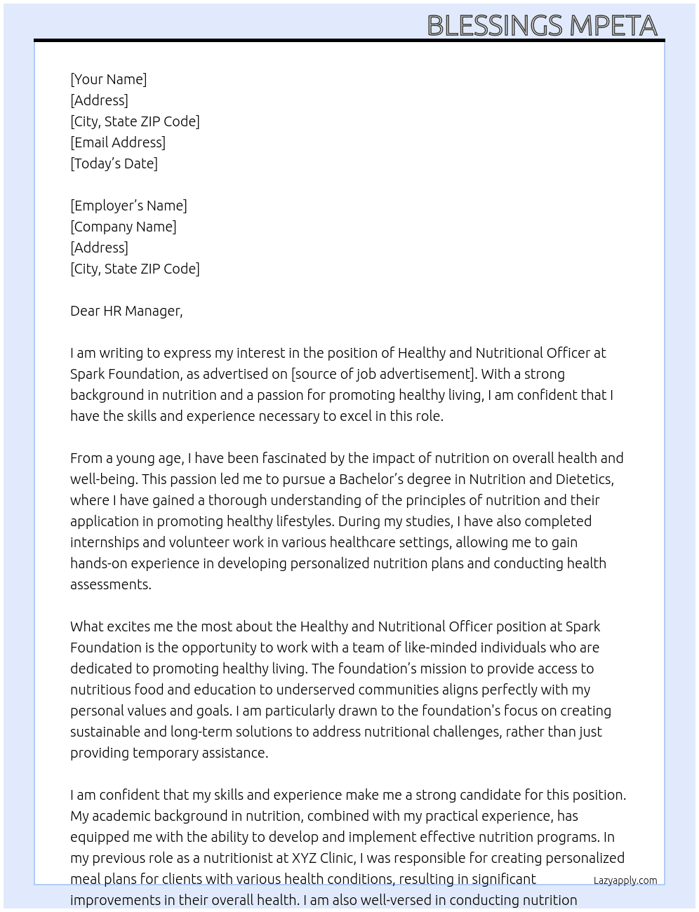 Healthy  and Nutritional officer  At Spark Foundation Cover Letter
