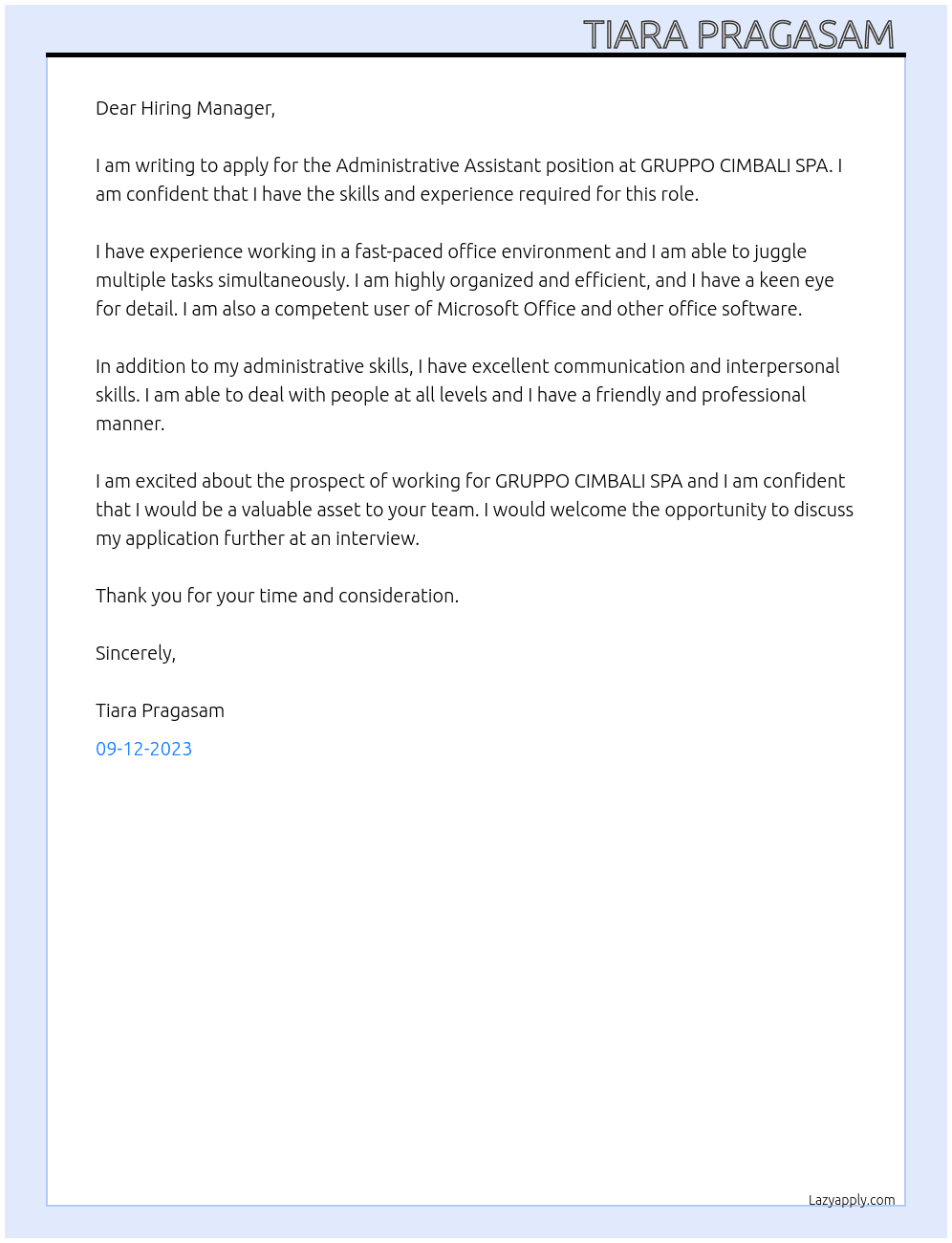 Administrative Assistant  At GRUPPO CIMBALI SPA Cover Letter