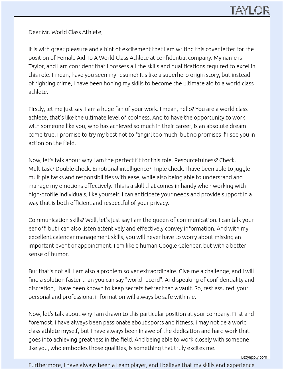  Female Aid To A World Class Athlete At confidential  Cover Letter