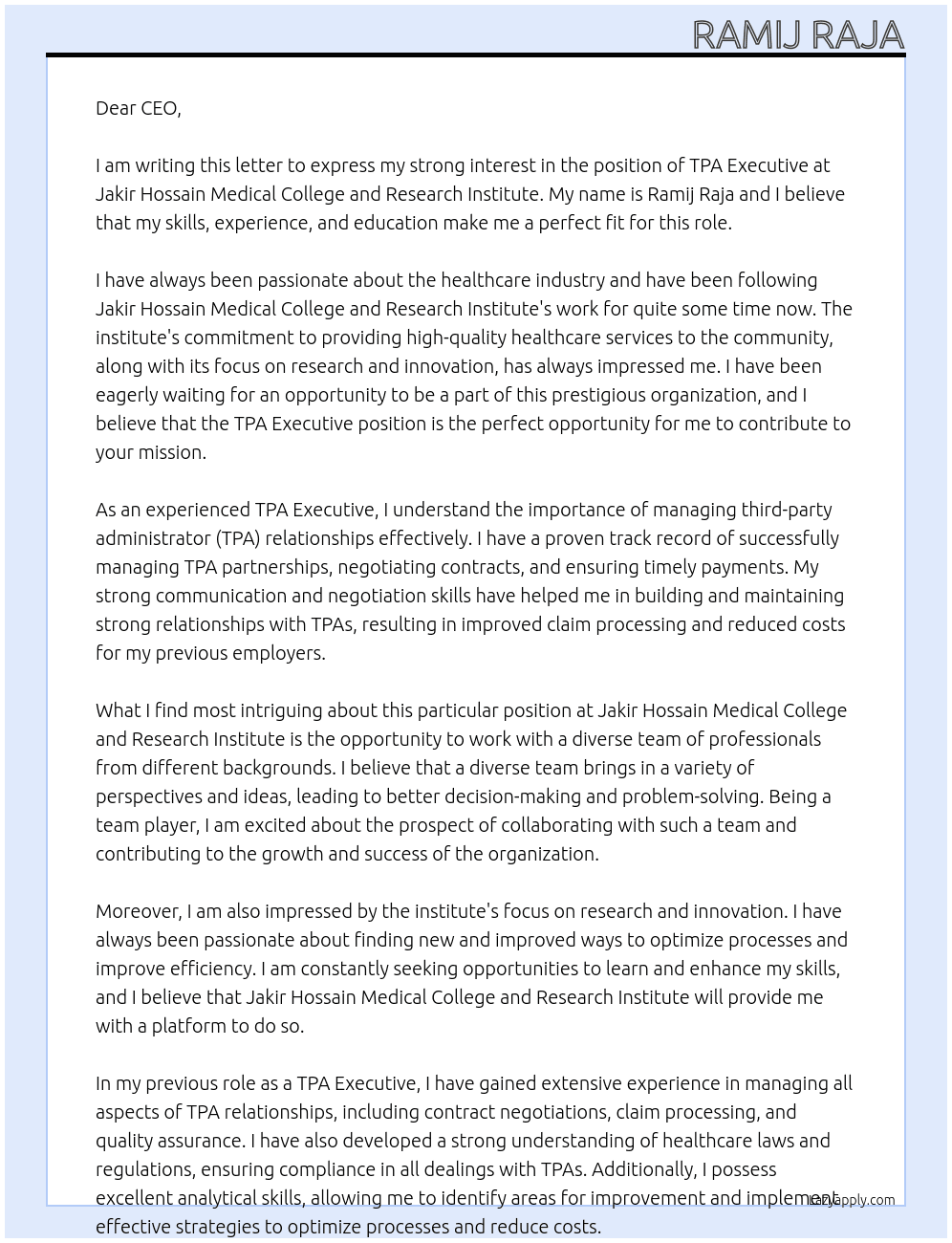 Cover letter for tpa executive - LazyApply
