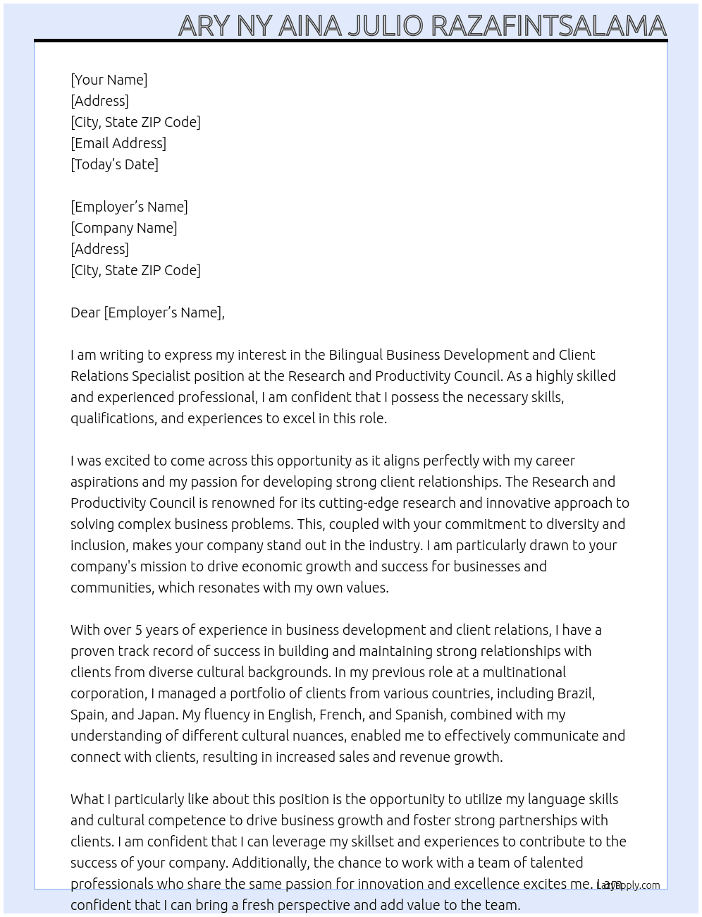 Bilingual Business Development and Client Relations Specialist At research and productivity council Cover Letter