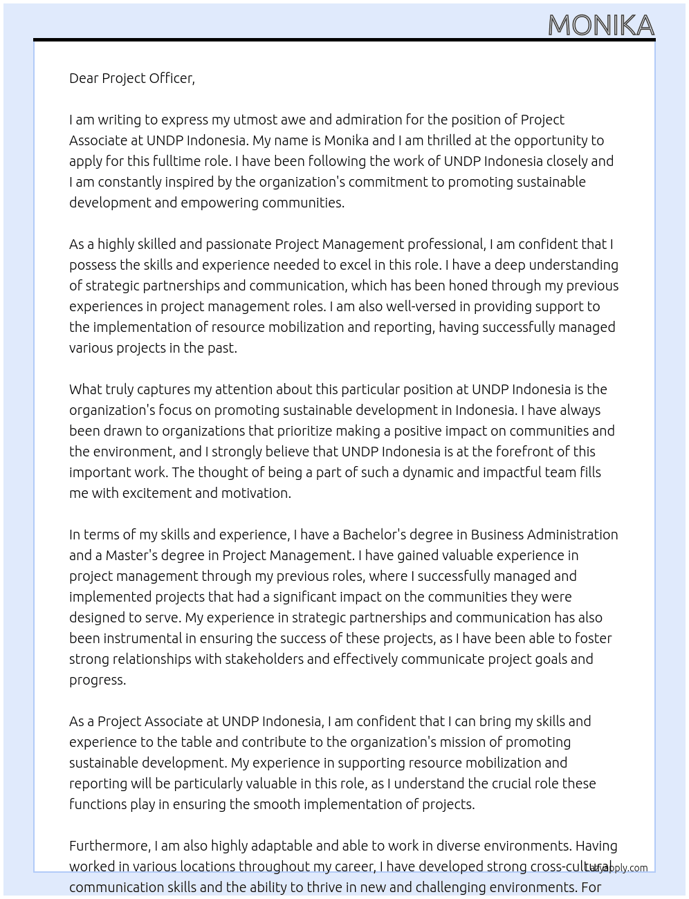 Project Associate At UNDP Indonesia Cover Letter