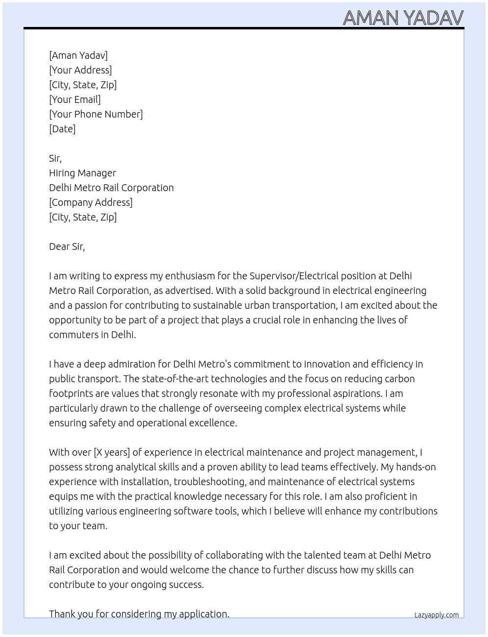 Super wiser/ Electrical  At Delhi metro rail corporation  Cover Letter