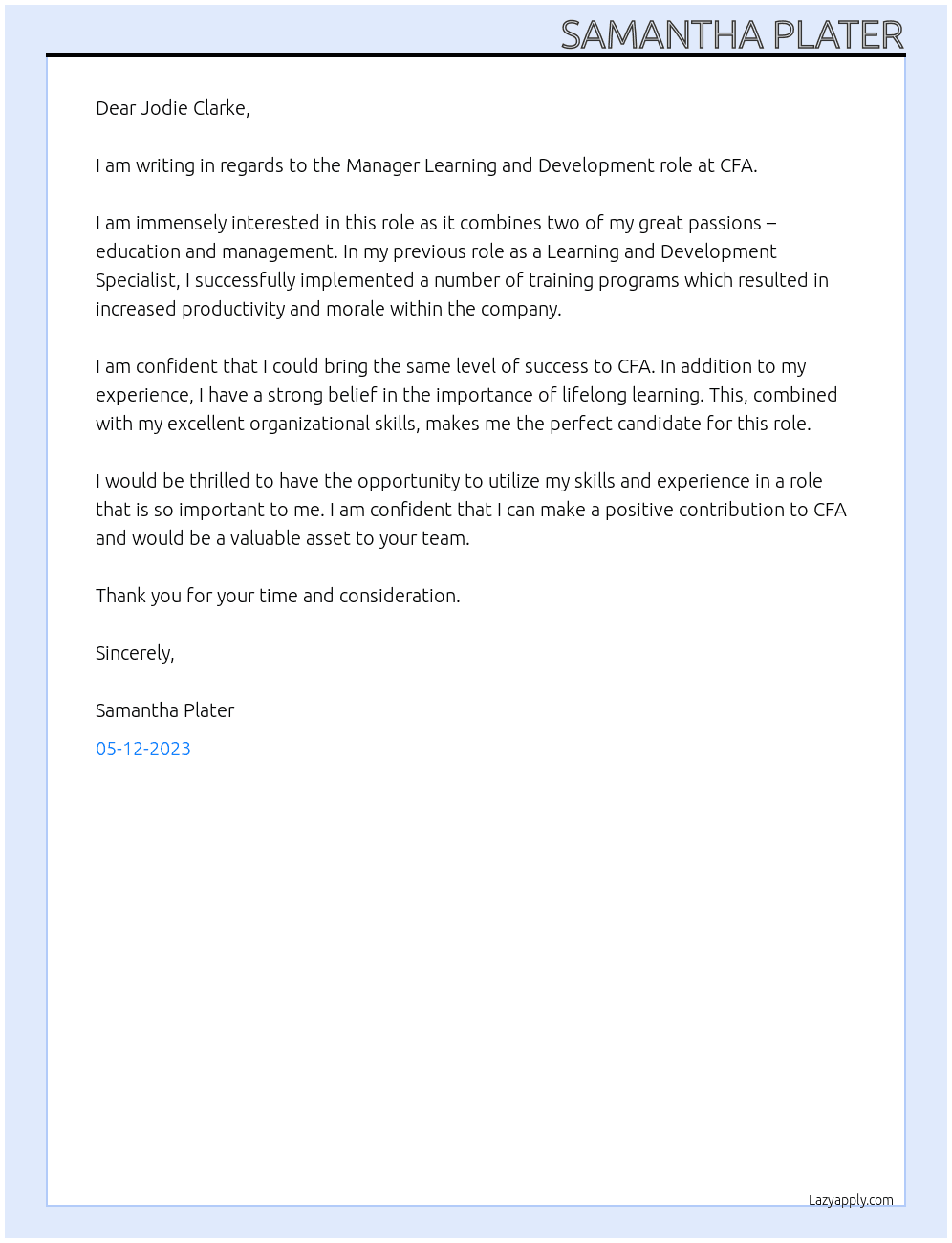Manager Learning and Development  At CFA Cover Letter