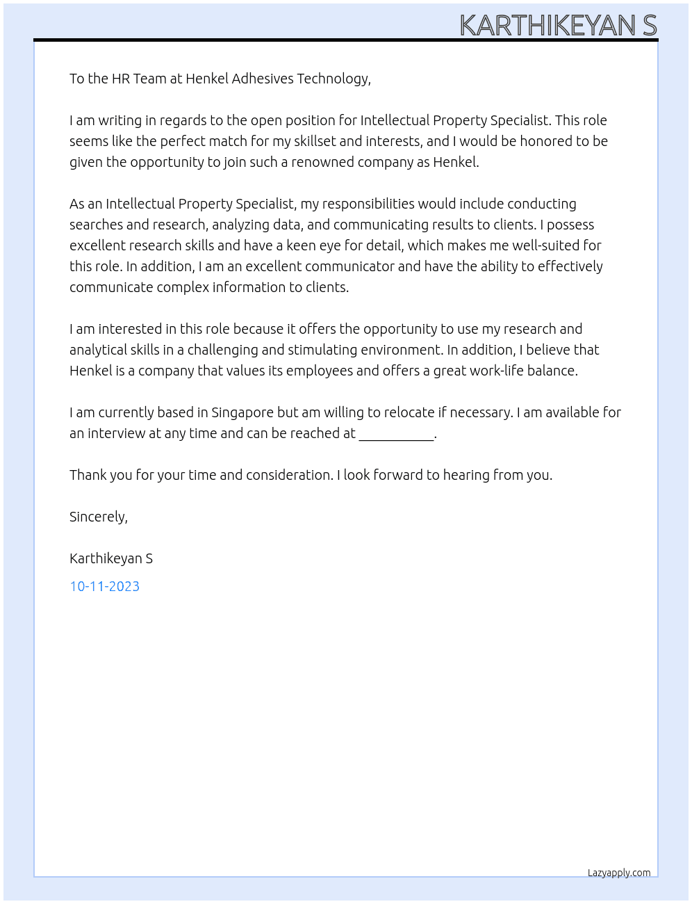Intellectual Property Specialist  At Henkel Adhesives Technology Cover Letter