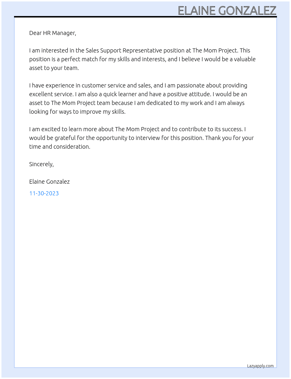 Sales Support Representative At The Mom Project Cover Letter