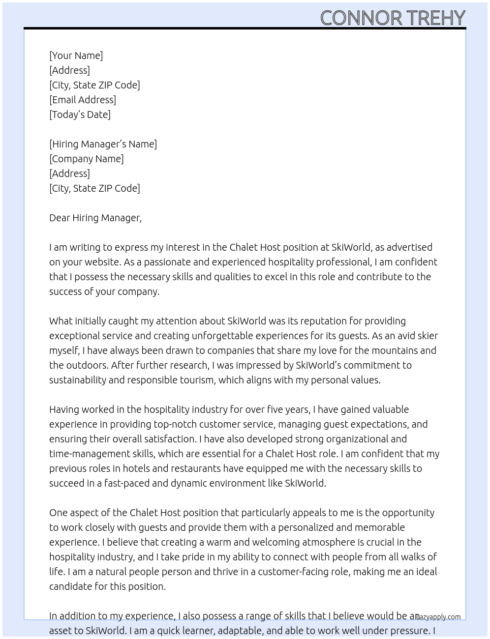 Chalet host At SkiWorld Cover Letter