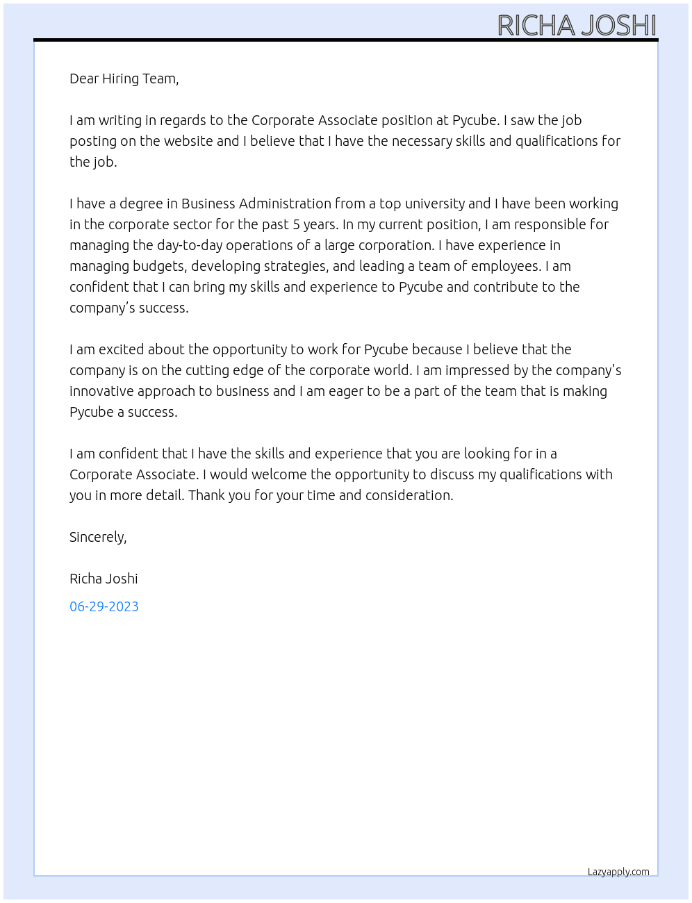 Corporate Associate At Pycube Cover Letter