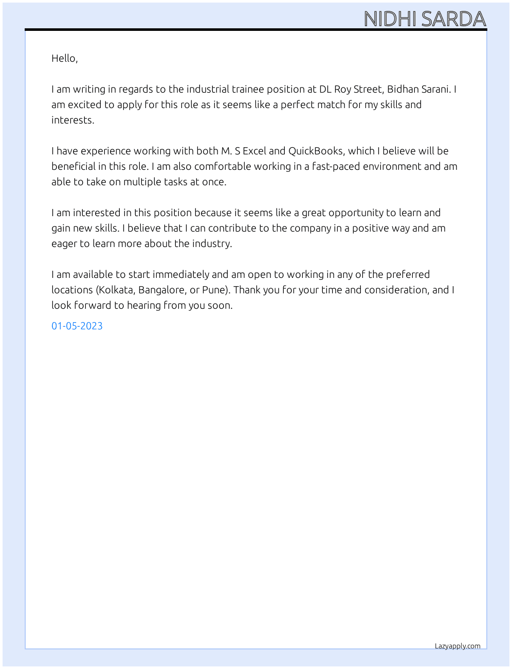 Industrial trainee At DL Roy Street, Bidhan Sarani Cover Letter