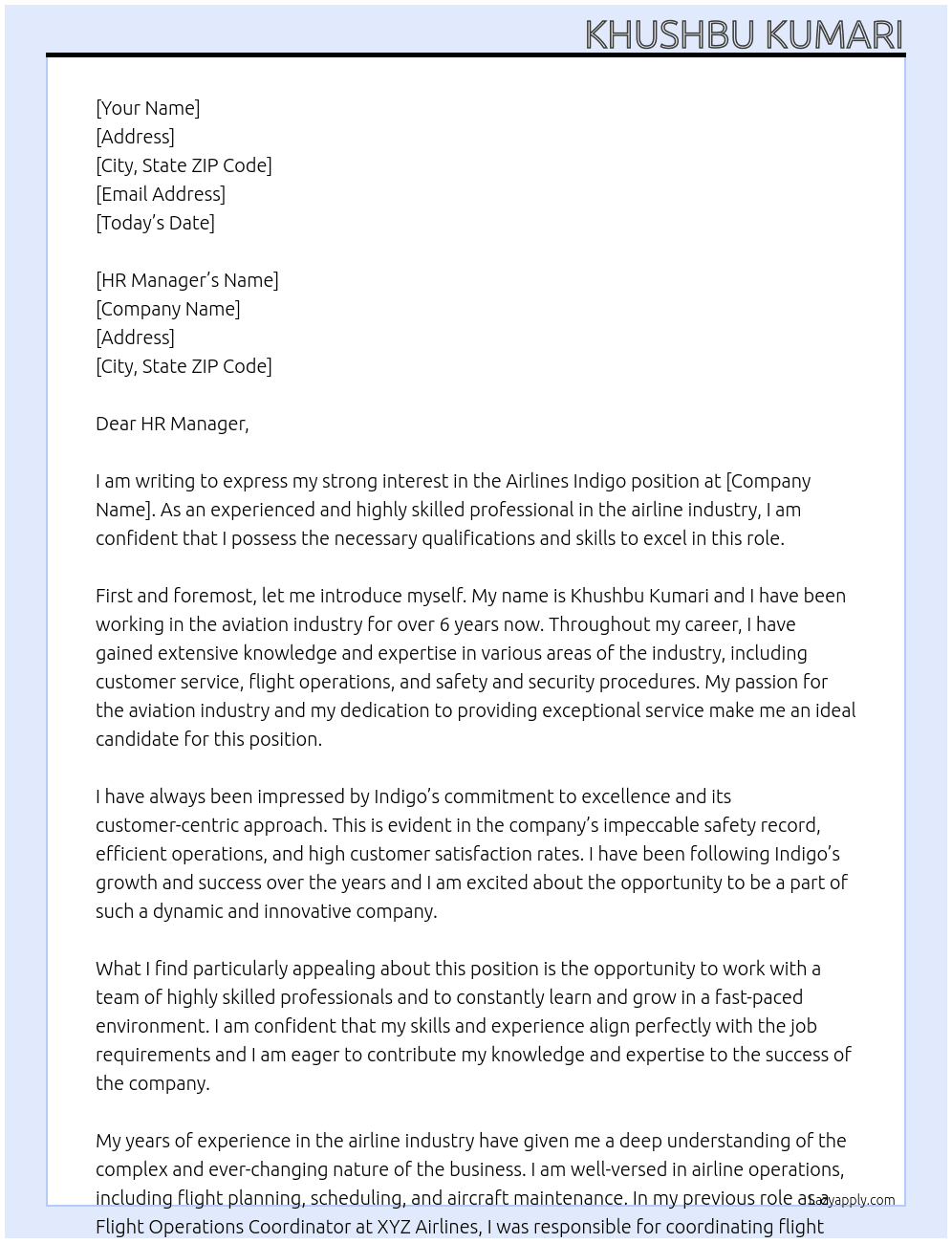 Cover letter for airlines indigo - LazyApply