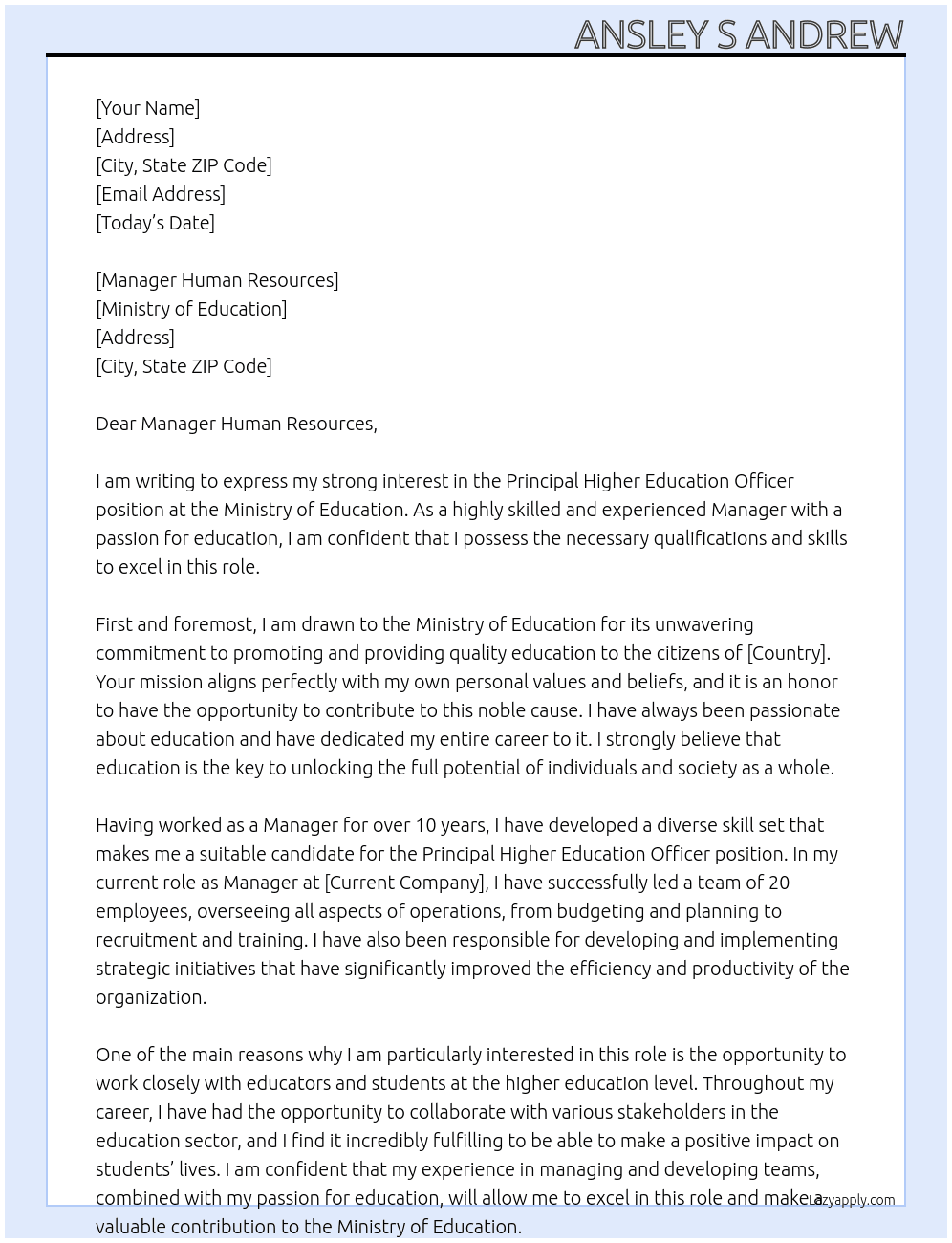 Princi[al Higher Education Officer At Ministry of Education Cover Letter