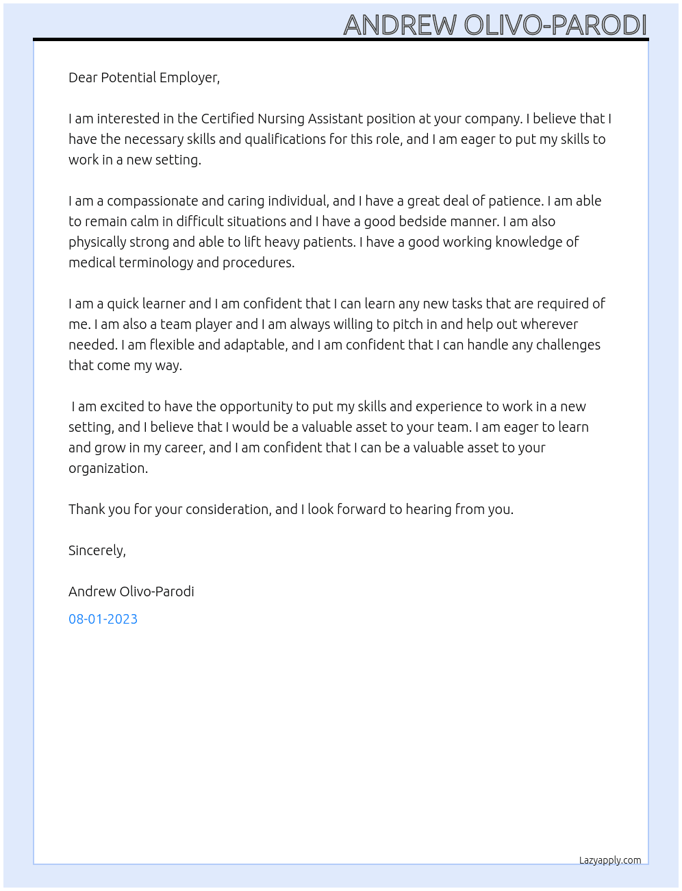 Certified Nursing Assistant At example Cover Letter
