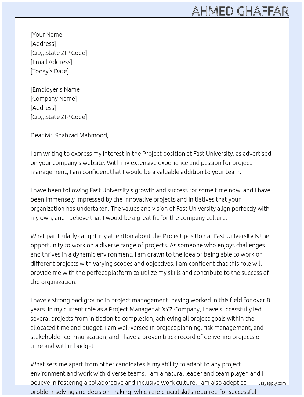 Project At Fast University Cover Letter