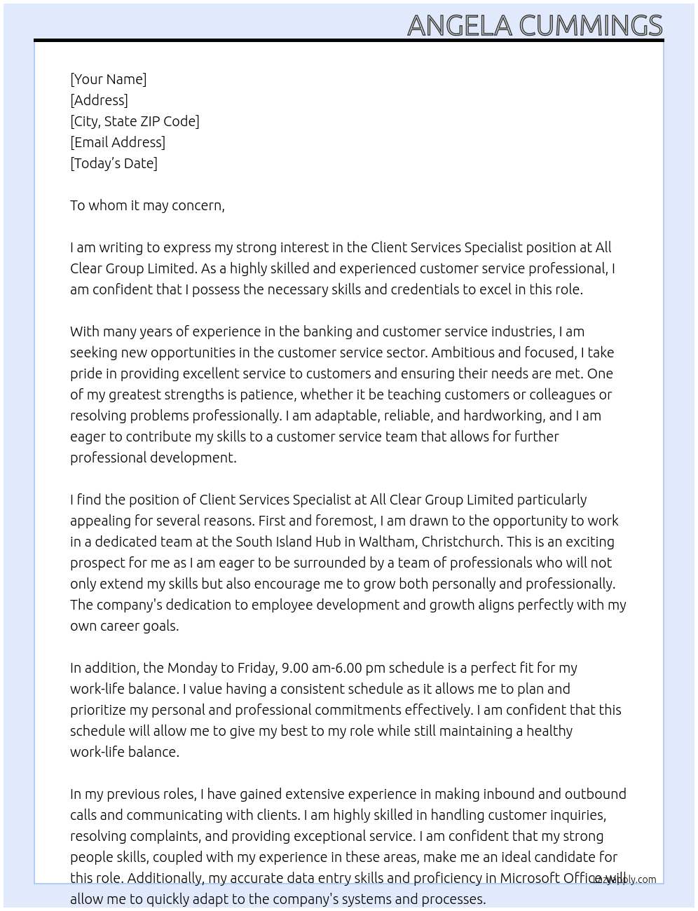  Client Services Specialist At All Clear Group Limited Cover Letter