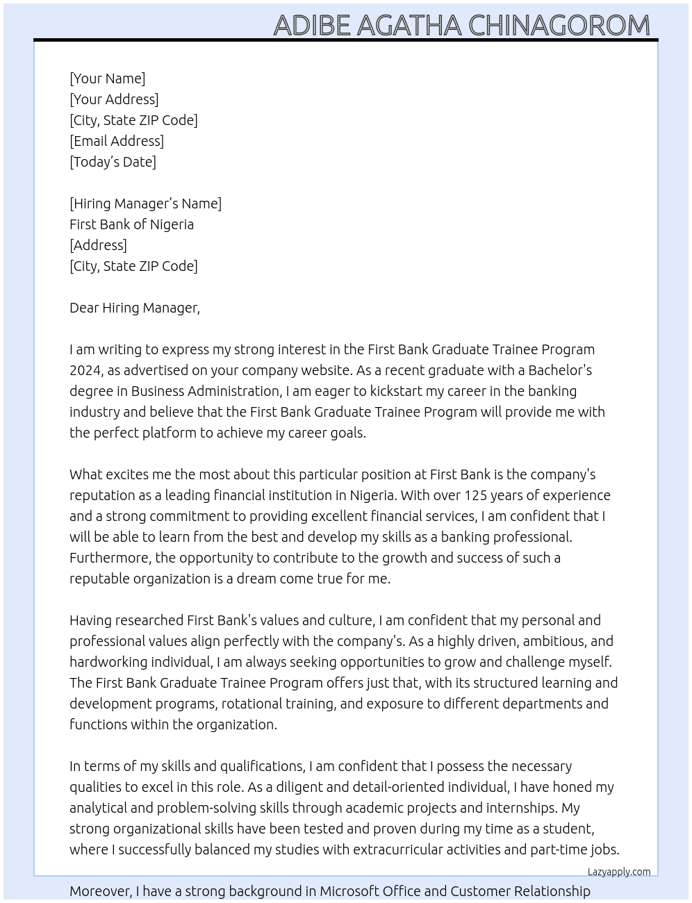 First Bank Graduate Trainee Program 2024 At First Bank of Nigeria  Cover Letter