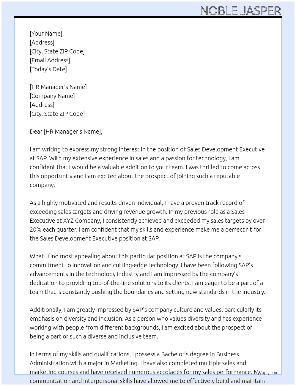 Sales development executive  At SAP Cover Letter