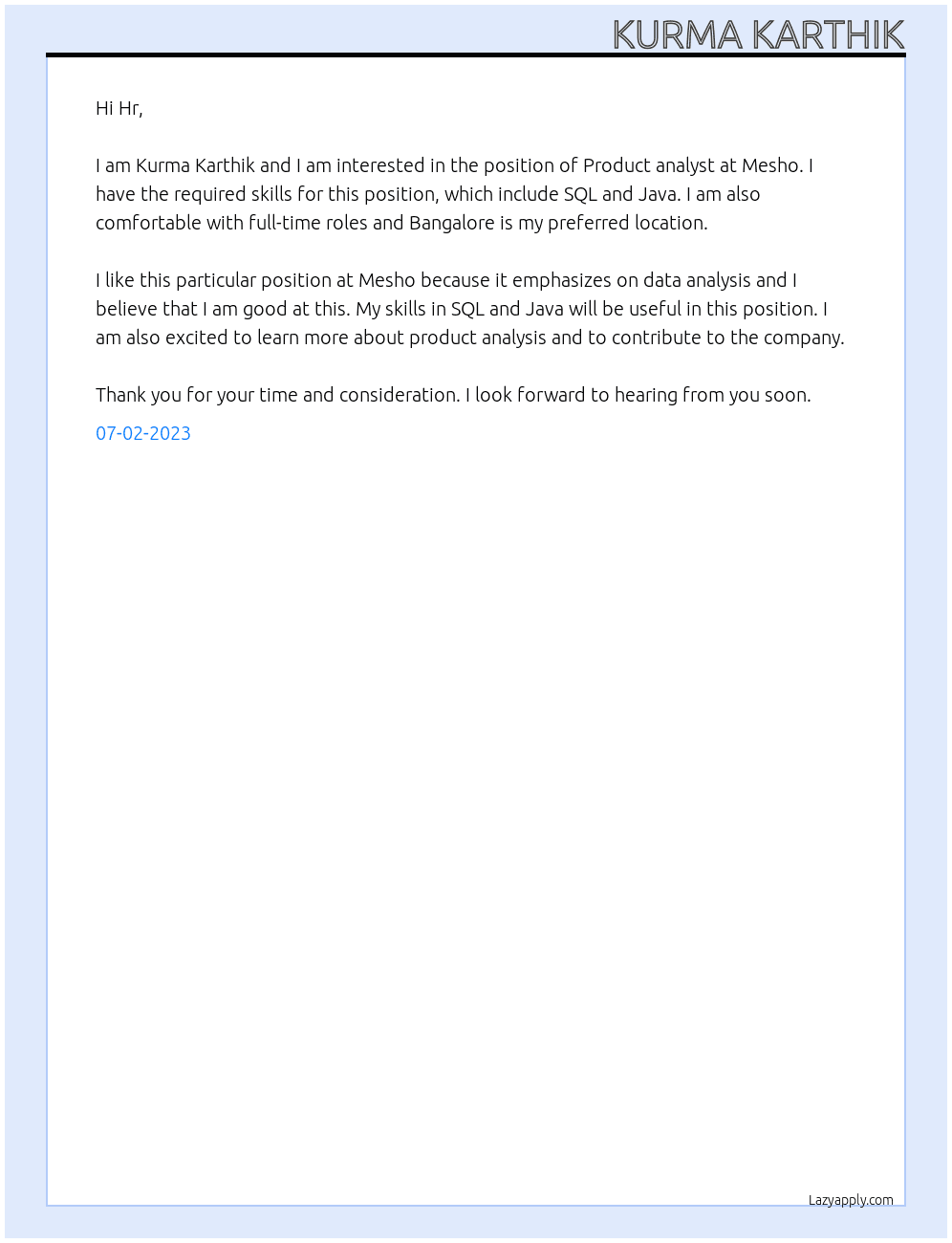 Product analyst  At Mesho  Cover Letter