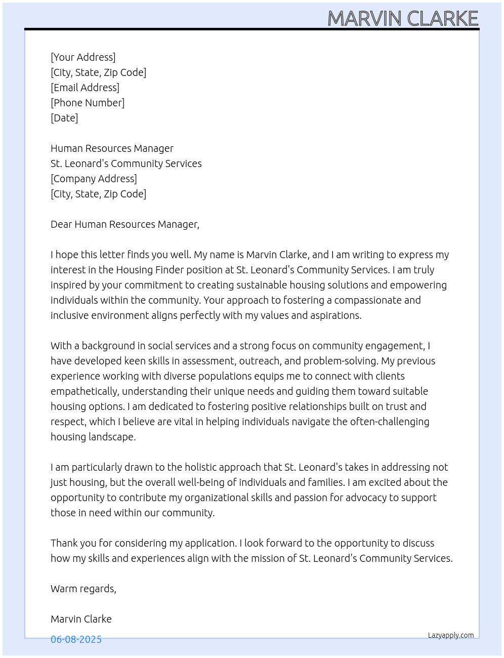Housing Finder At St. Leonard's Community Services Cover Letter