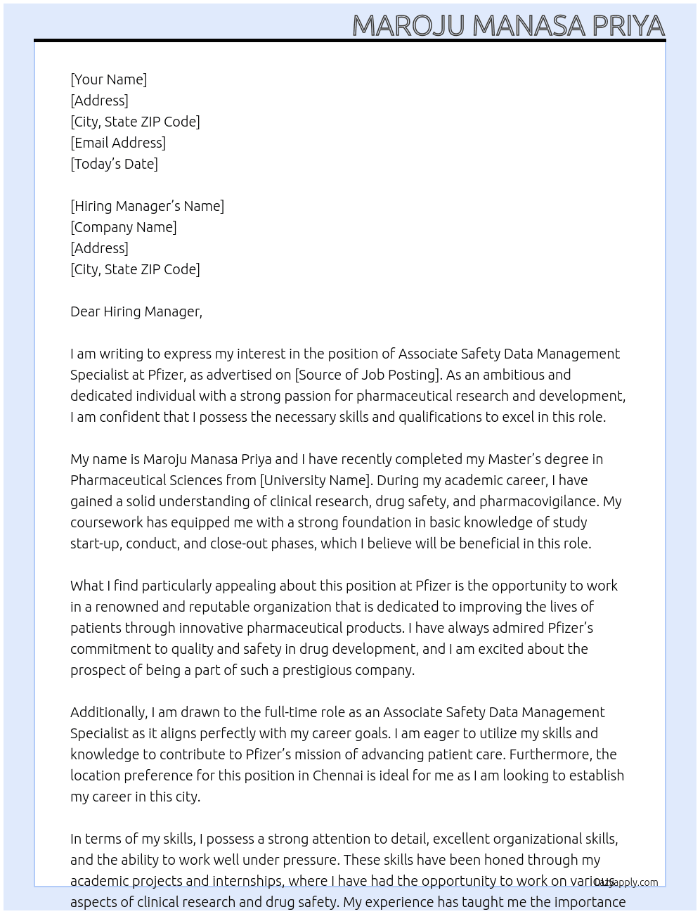 Associate Safety Data Management Specialist At Pfizer Cover Letter