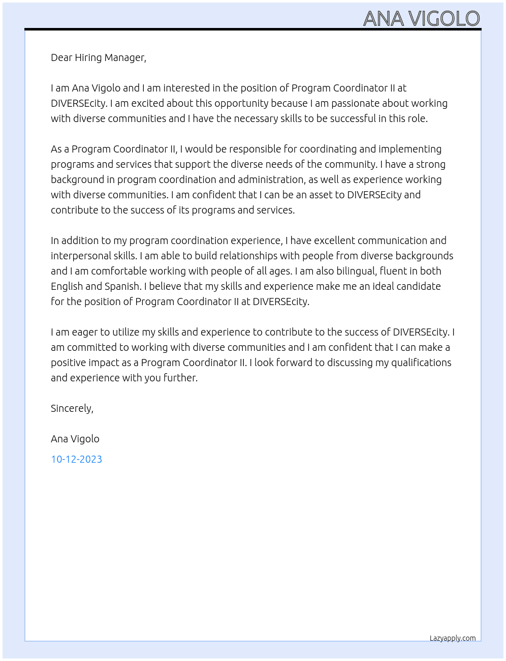 Program Coordinator II At DIVERSEcity Cover Letter
