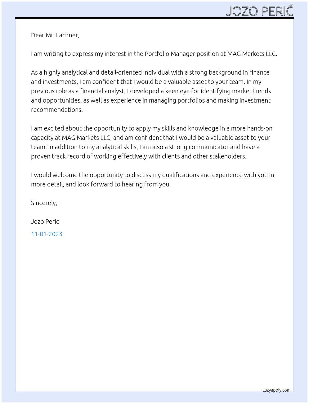 Portfolio Manager At MAG Markets LLC Cover Letter