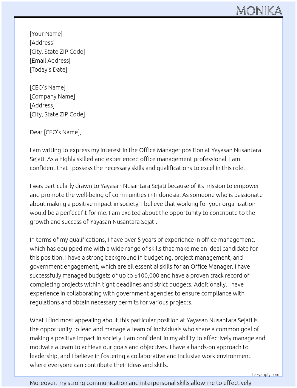 Office Manager At Yayasan Nusantara Sejati Cover Letter