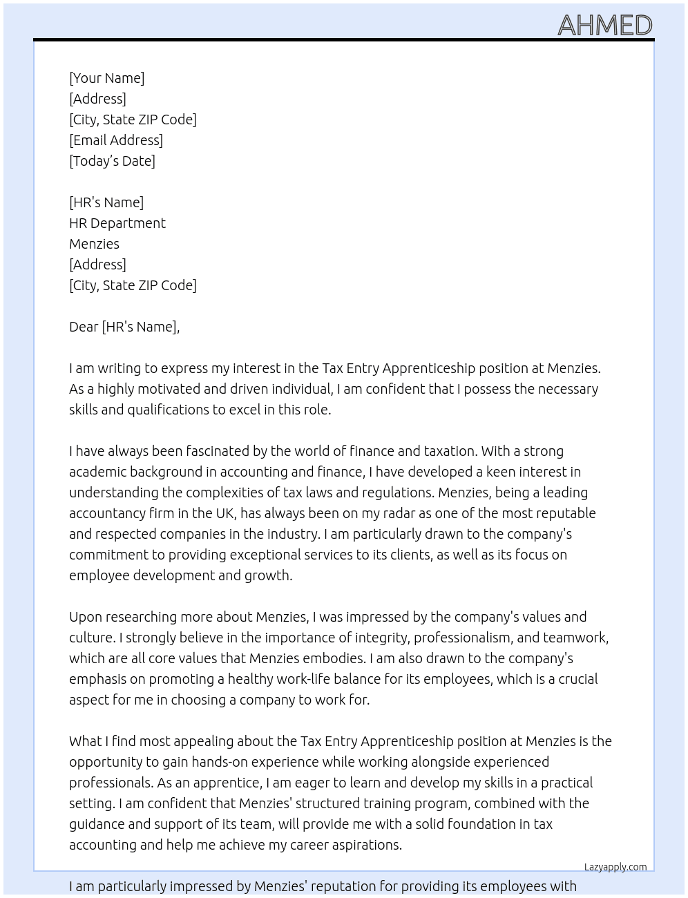 tax entry apprenticeship  At Menzies Cover Letter