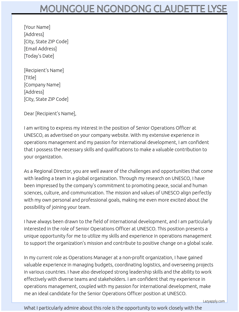 Senior Operations Officer At UNESCO Cover Letter