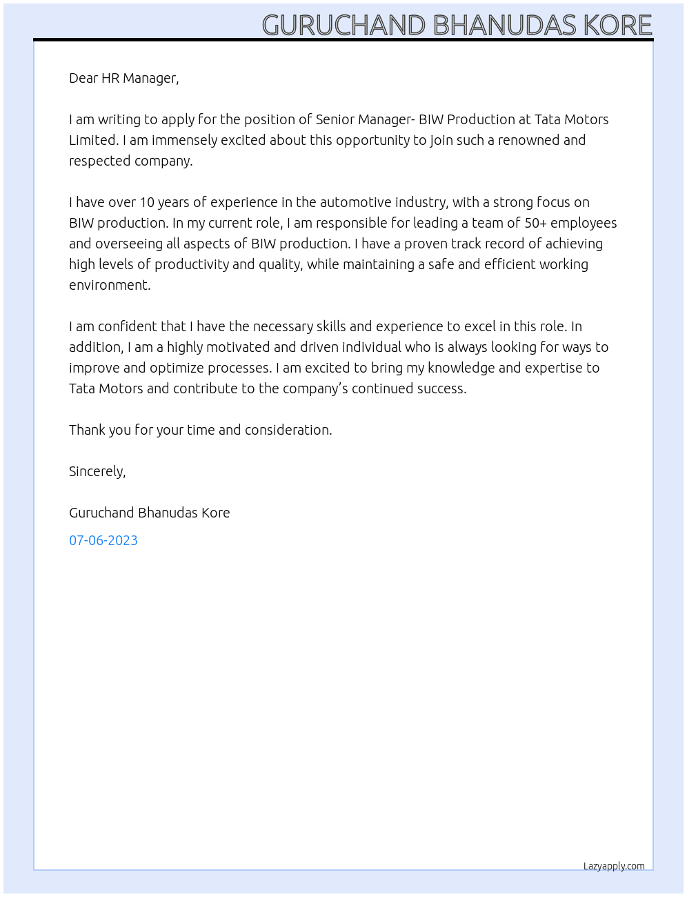 SENIOR MANAGER- BIW PRODUCTION At TATA MOTORS LIMITED Cover Letter