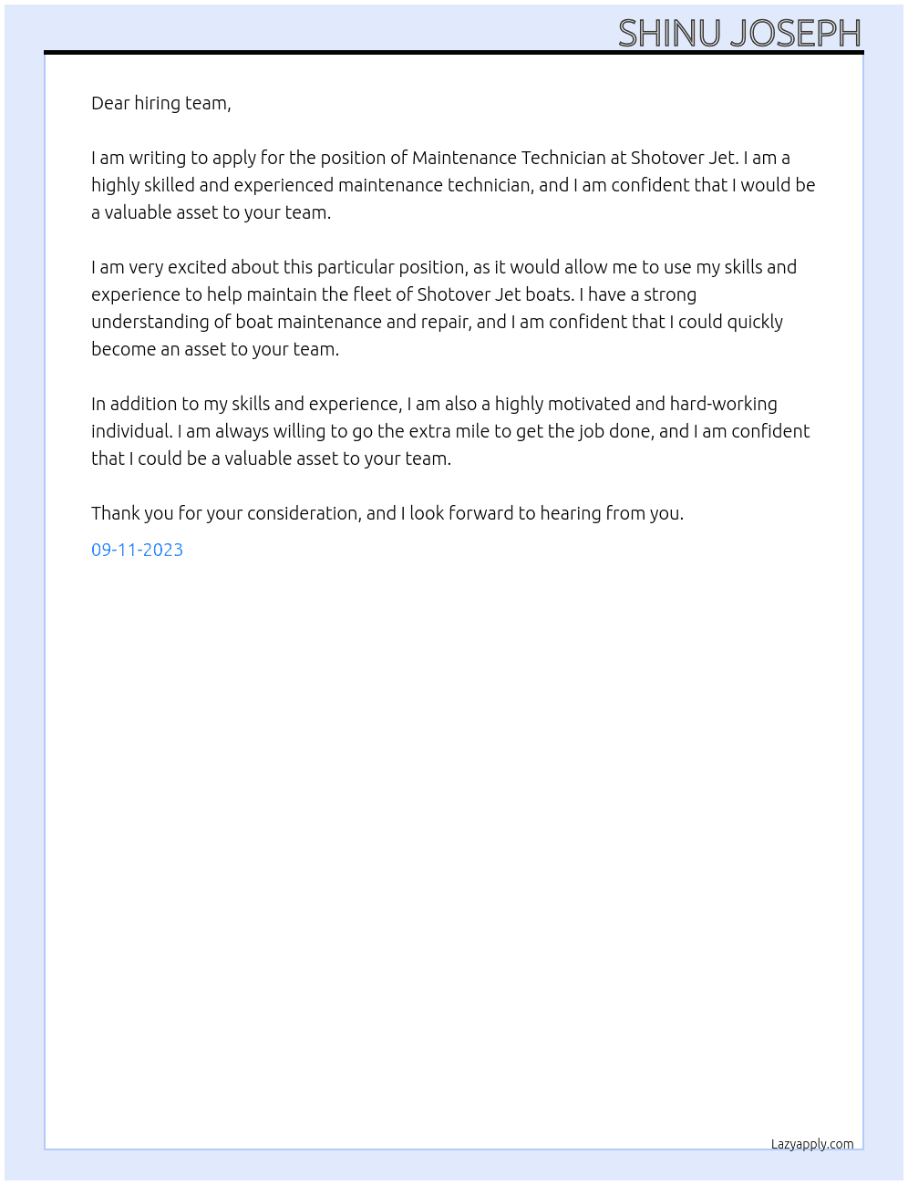Maintenance Technician At Shotover Jet Cover Letter