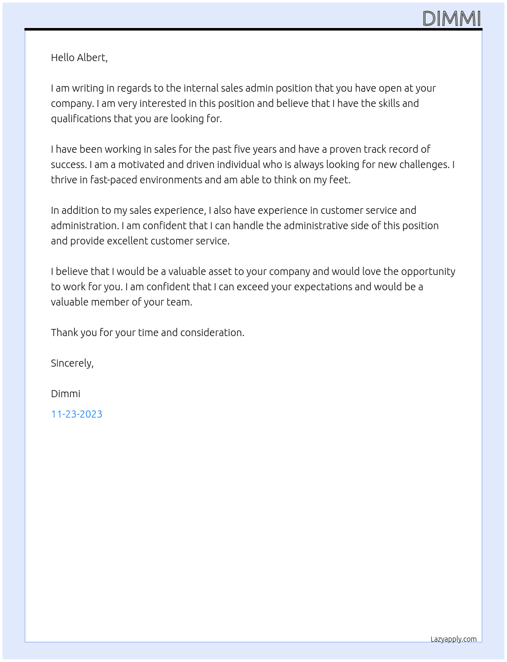 Internal Sales Admin At electrical Cover Letter