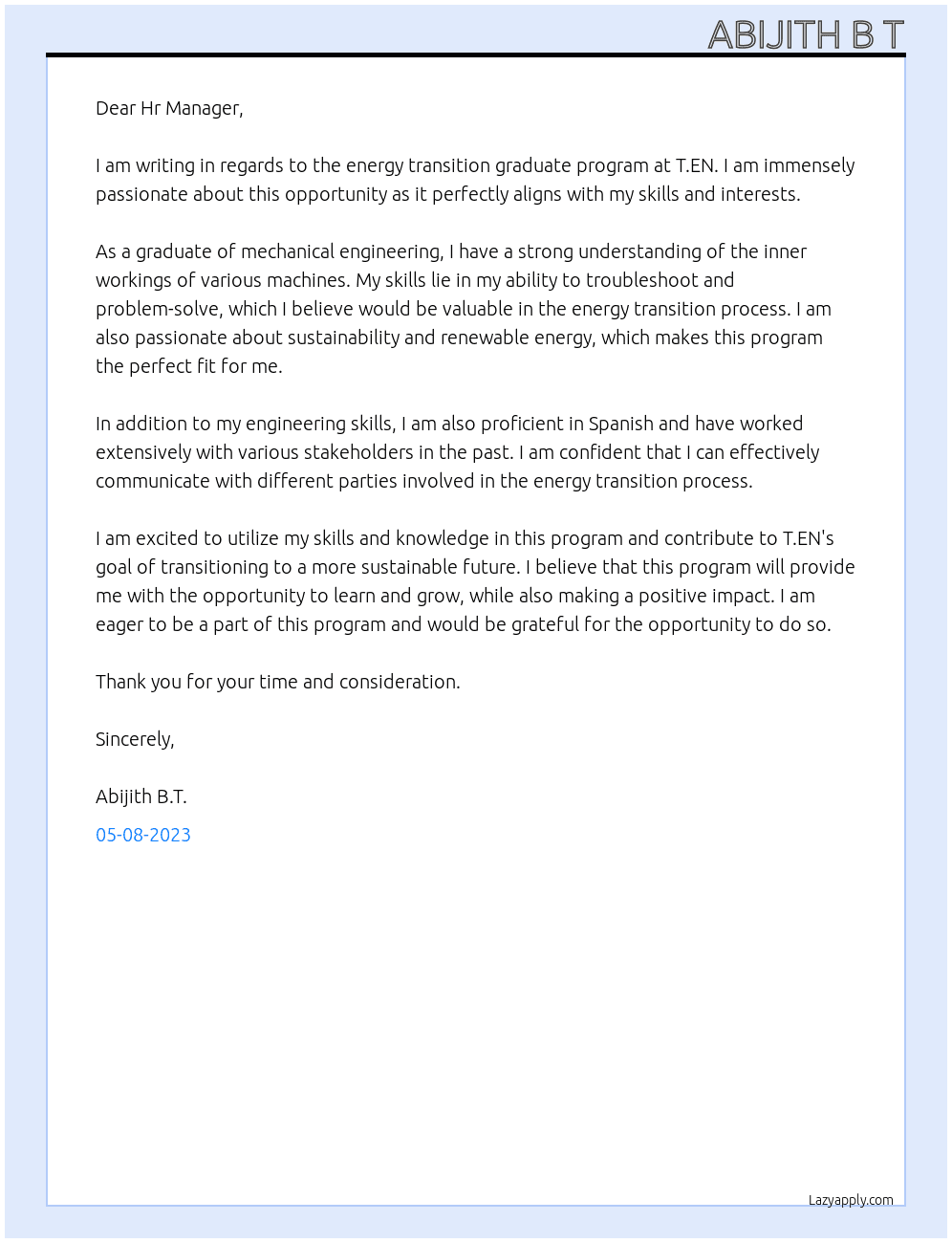 energy transition graduate program At T.EN Cover Letter