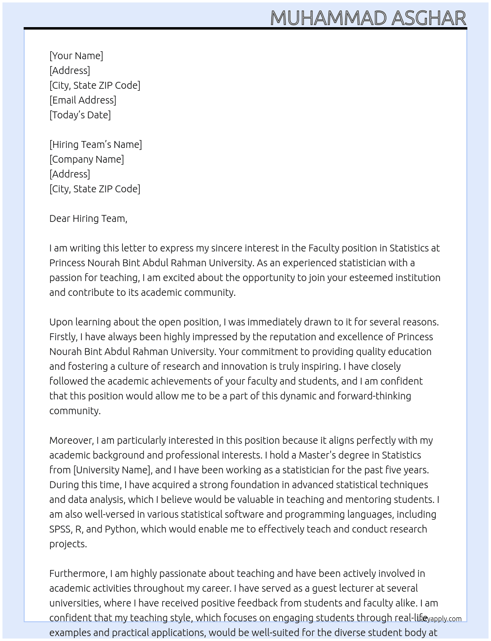 Faculty position in statistics At Princess Nourah Bint Abdul Rahman University Cover Letter