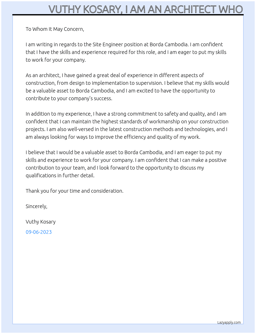 Site Engineer At Borda Cambodia Cover Letter