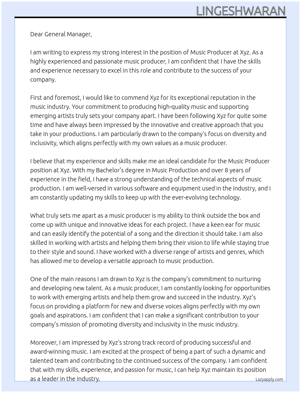 Music producer At Xyz Cover Letter