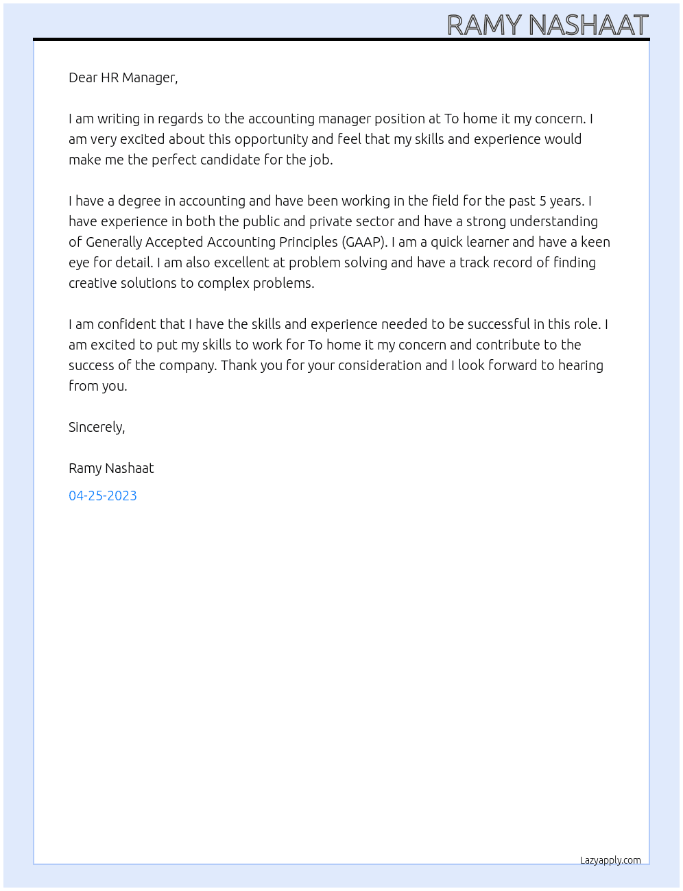 Accounting manager At To home it my concern Cover Letter