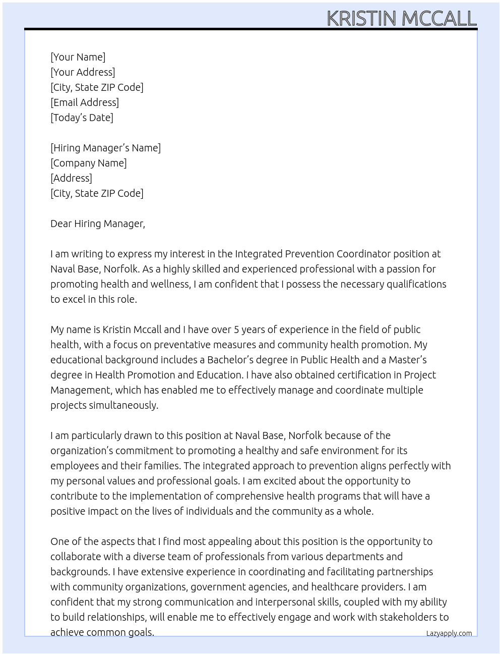 Integrated Prevention Coordinator At Naval Base, Norfolk Cover Letter