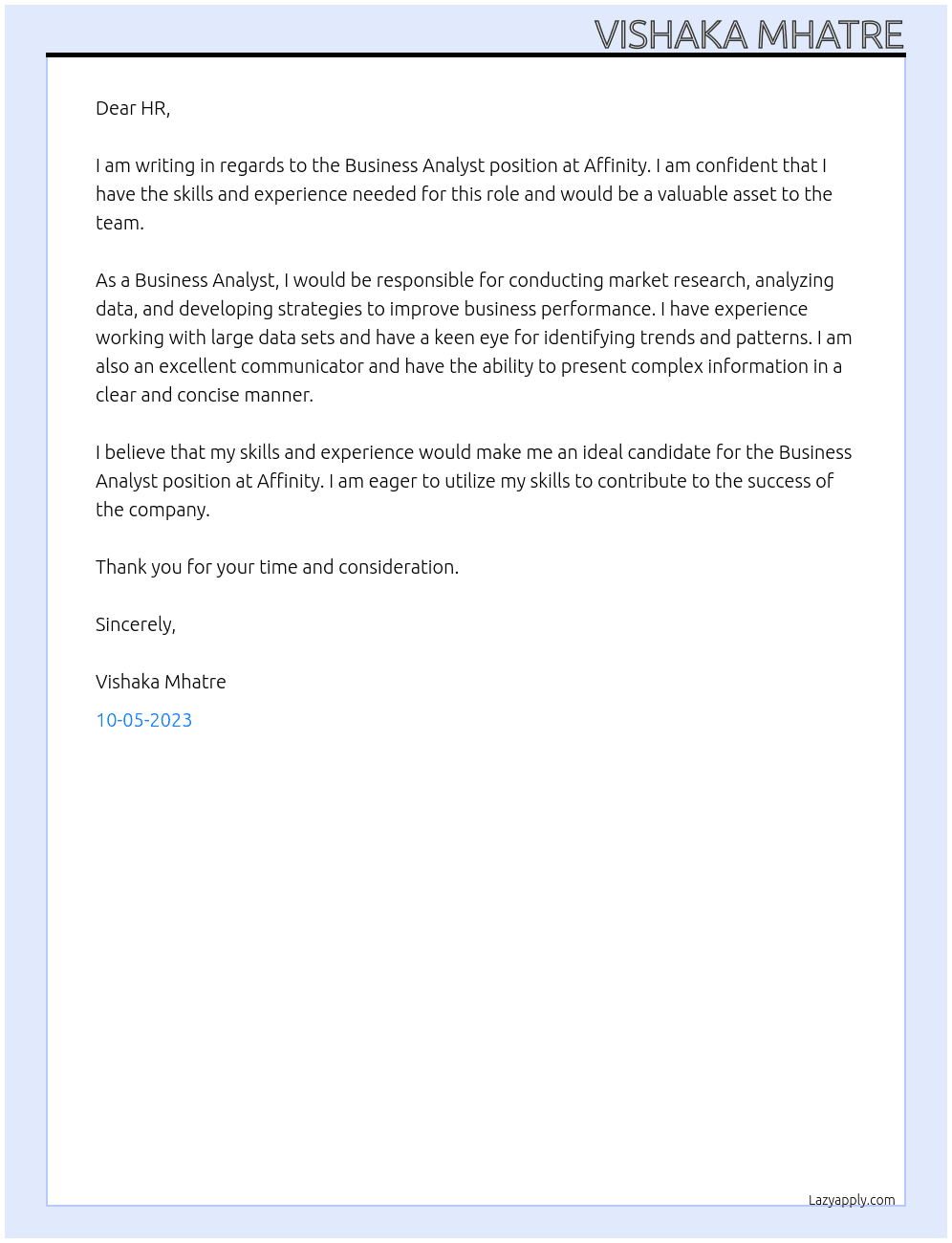 Business Analyst At Affinity Cover Letter